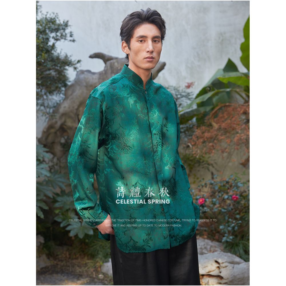 Shili Chunqiu Original New Chinese Men s Clothing Chinese Top Ceramic Glazed Jacquard Long Sleeve Shirt Chinese Style Shirt Men s Clothing image 4