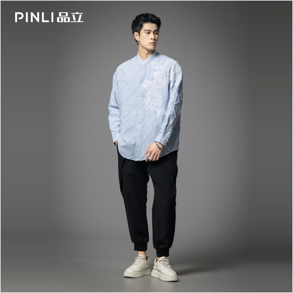 PINLI 2025 Autumn New Style Lingge Texture Long Sleeve Shirt Trendy Brand Embroidered Stripe Loose Men s Shirt image 1
