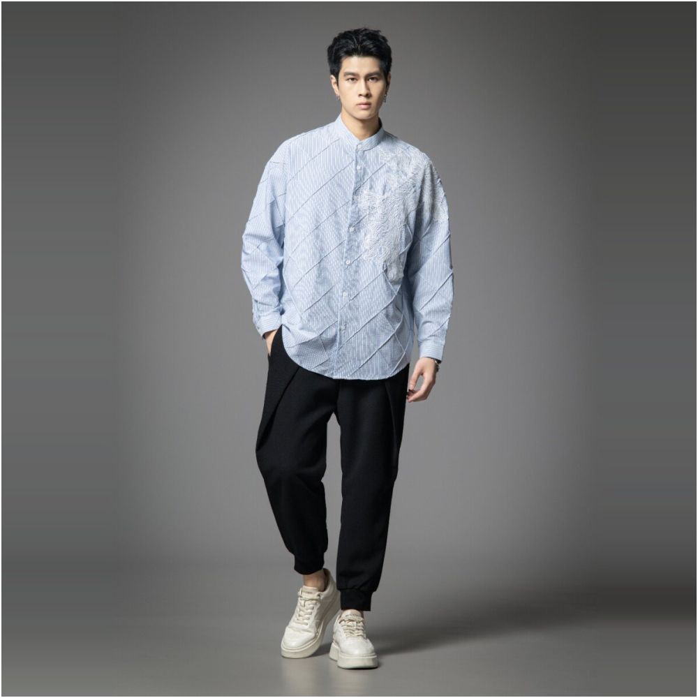 PINLI 2025 Autumn New Style Lingge Texture Long Sleeve Shirt Trendy Brand Embroidered Stripe Loose Men s Shirt image 4