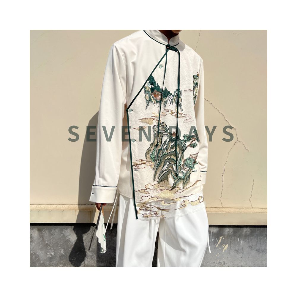 7D SEVENDAYS Embroidered Mountains and Rivers New Chinese Style Heavy Industry Embroidered Small Stand up Collar Shirt Coat for Men image 0