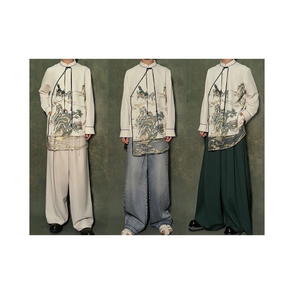 7D SEVENDAYS Embroidered Mountains and Rivers New Chinese Style Heavy Industry Embroidered Small Stand up Collar Shirt Coat for Men image 2