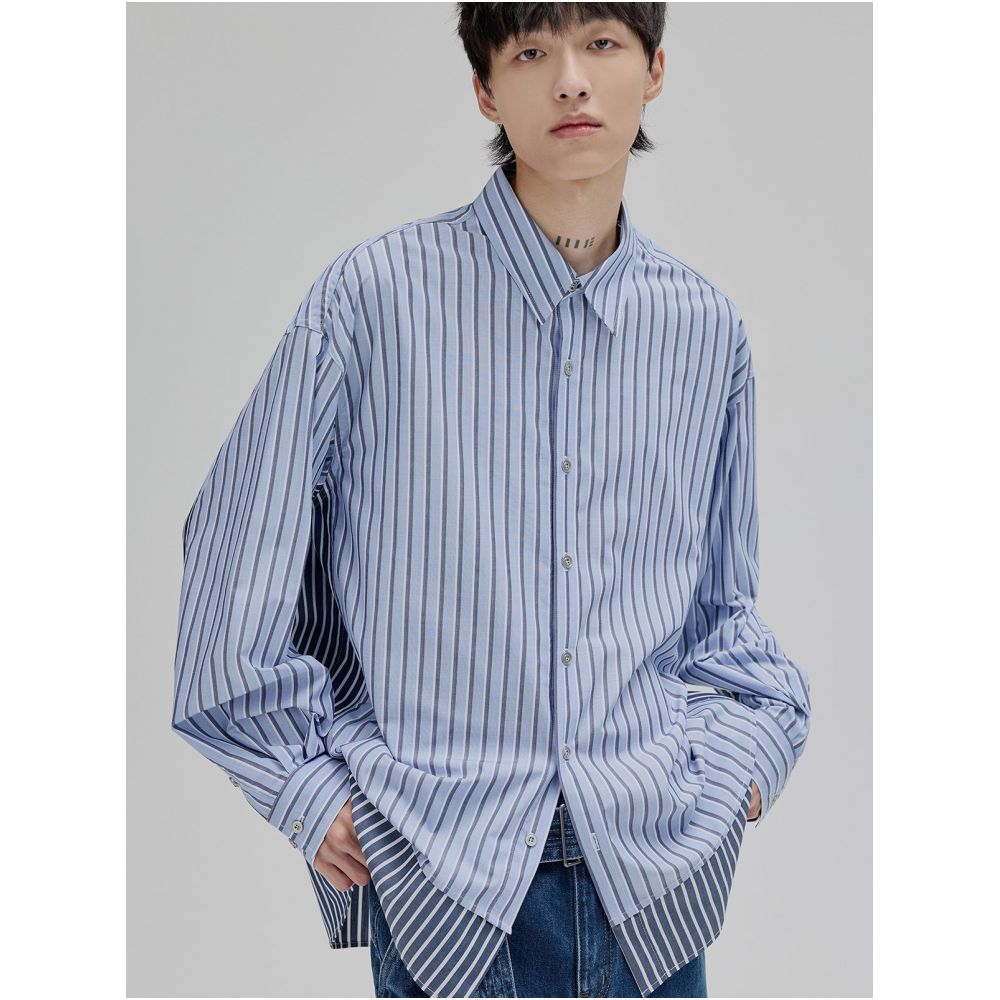NANS Xinjiang long staple cotton splicing irregular two color striped fake two piece design silhouette long sleeved shirt image 0