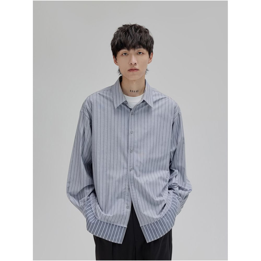 NANS Xinjiang long staple cotton splicing irregular two color striped fake two piece design silhouette long sleeved shirt image 3