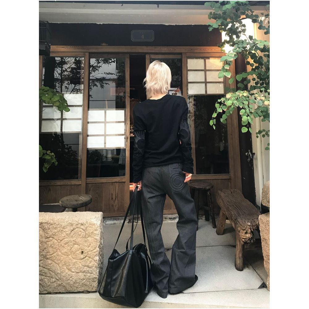 Slim Vogue Indian Combed Bamboo Cotton Henley Collar Sun Embroidered Thin Trimmed Curved Knife Long Sleeve T shirt image 1