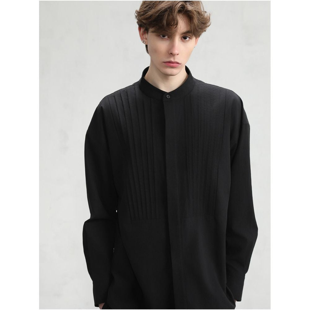 CAKUNTA Money Texture Tencel Cotton Henley Collar Shirt Palace Style pleated front hidden placket image 2