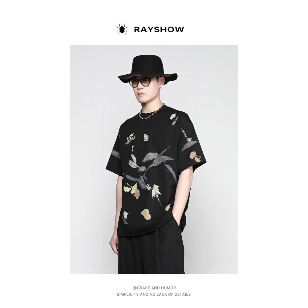 RAYSSHOW Lei Xiu Hand drawn Chinese style loose round neck leaf painted short sleeved T shirt image 0