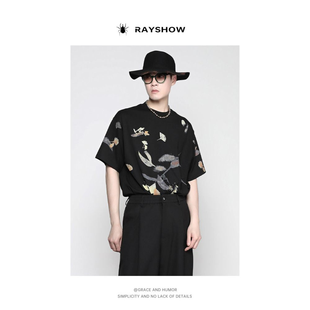 RAYSSHOW Lei Xiu Hand drawn Chinese style loose round neck leaf painted short sleeved T shirt image 1