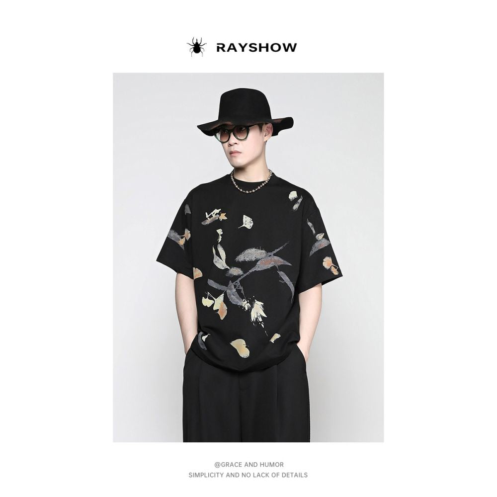 RAYSSHOW Lei Xiu Hand drawn Chinese style loose round neck leaf painted short sleeved T shirt image 3