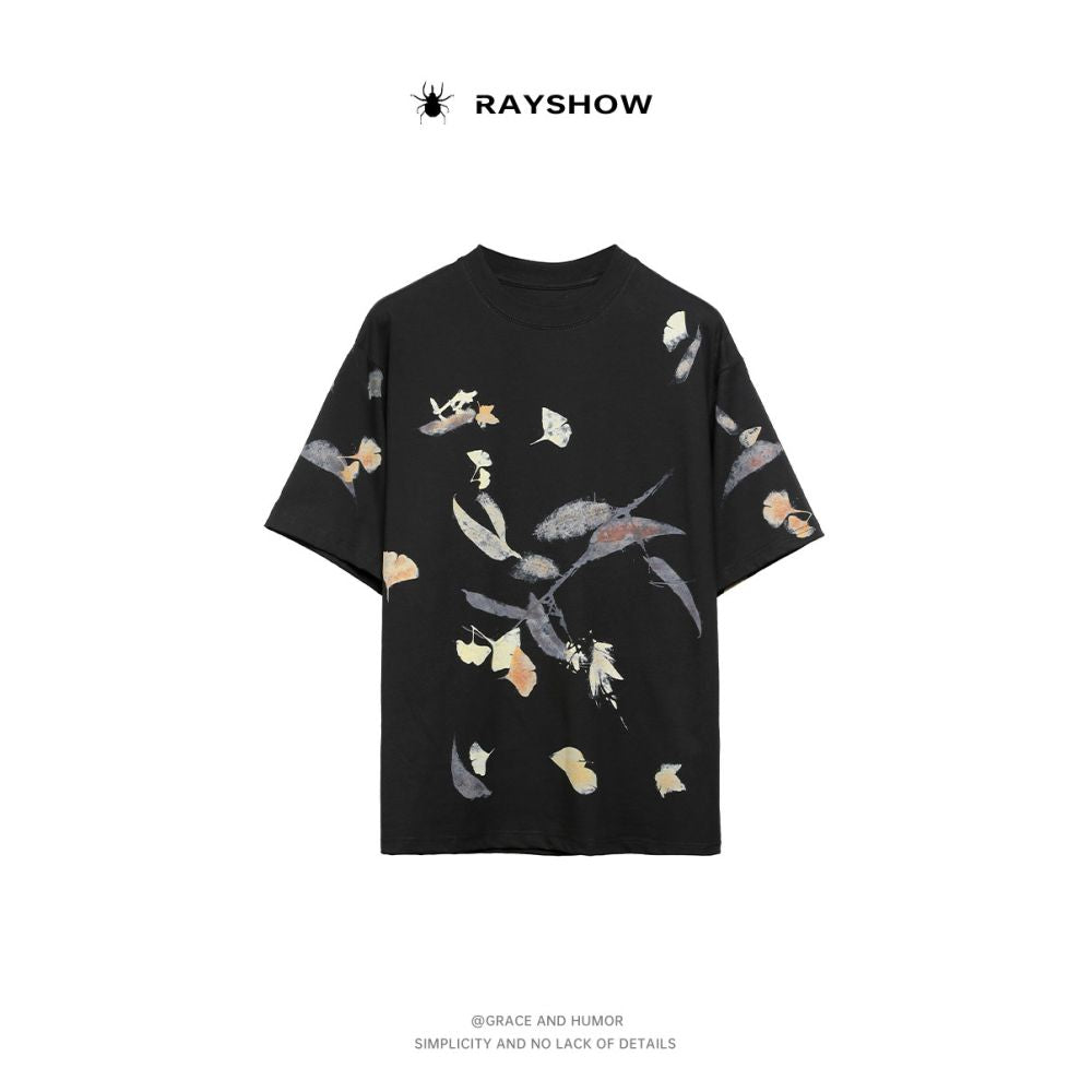 RAYSSHOW Lei Xiu Hand drawn Chinese style loose round neck leaf painted short sleeved T shirt image 4