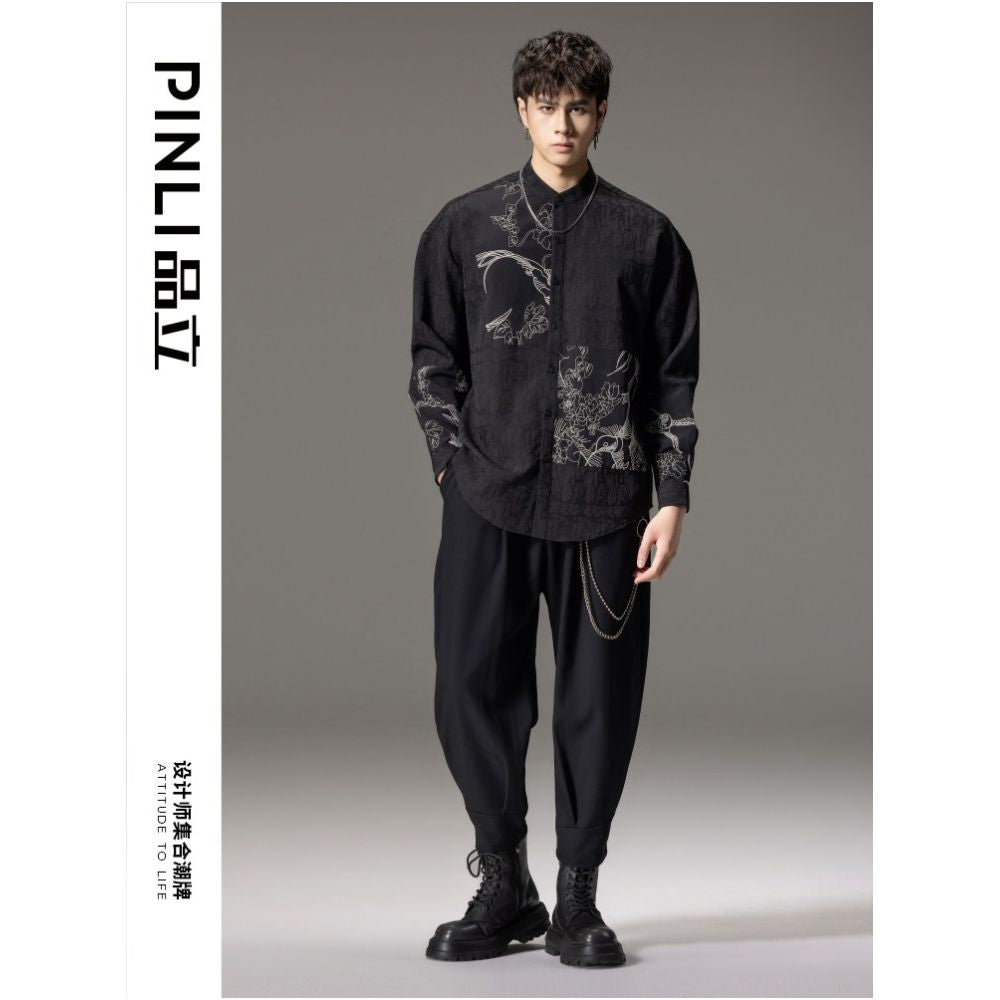 PINLI Pinli Autumn New Chinese Stand Collar Embroidery Shirt Men s Splice Long Sleeve China Chic Casual Shirt image 1