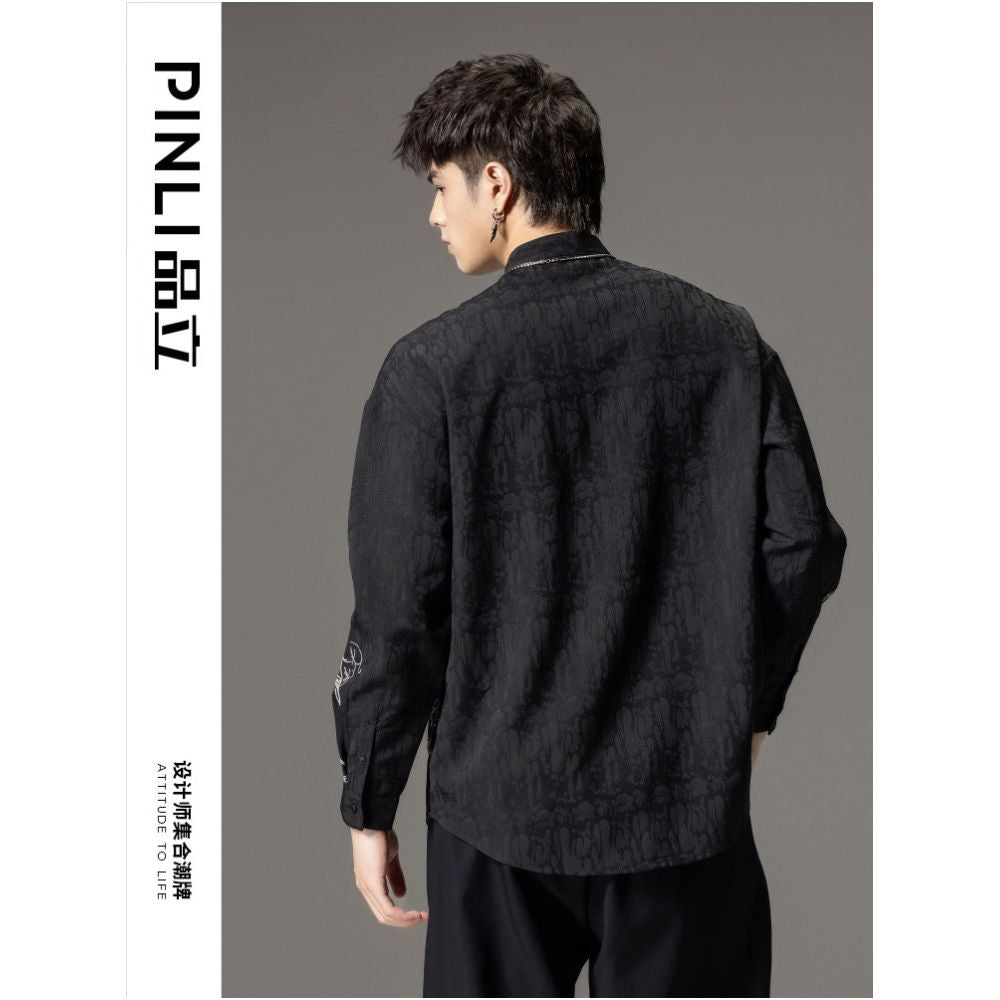 PINLI Pinli Autumn New Chinese Stand Collar Embroidery Shirt Men s Splice Long Sleeve China Chic Casual Shirt image 2