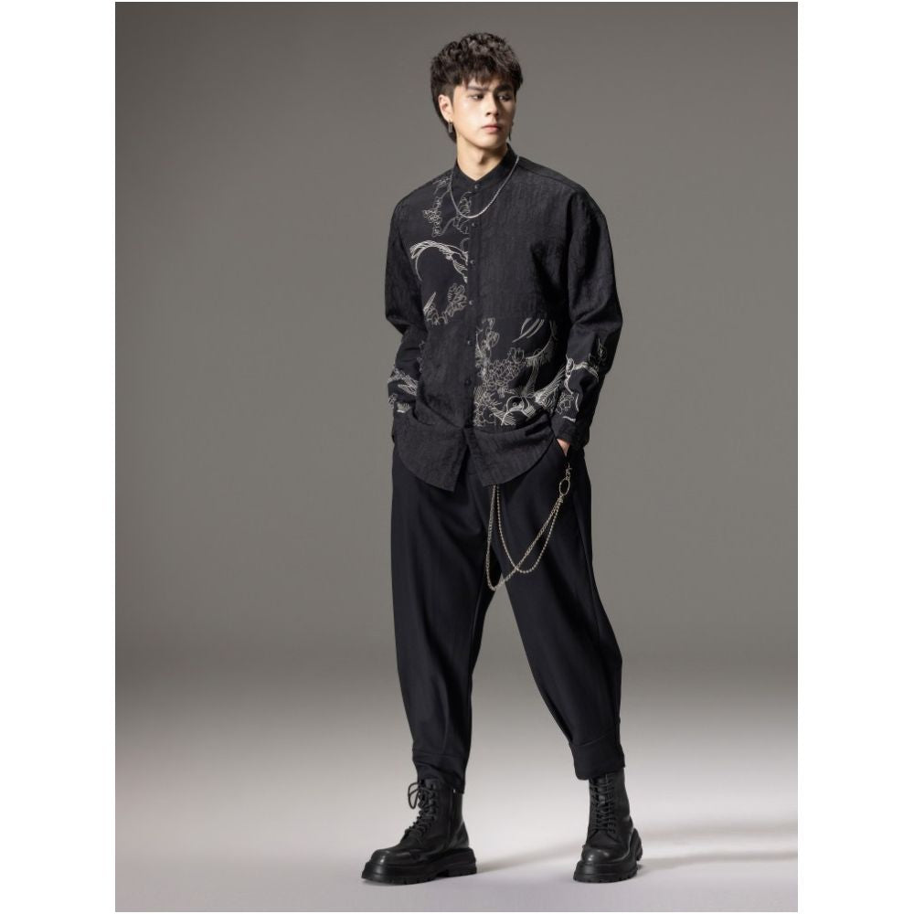 PINLI Pinli Autumn New Chinese Stand Collar Embroidery Shirt Men s Splice Long Sleeve China Chic Casual Shirt image 4