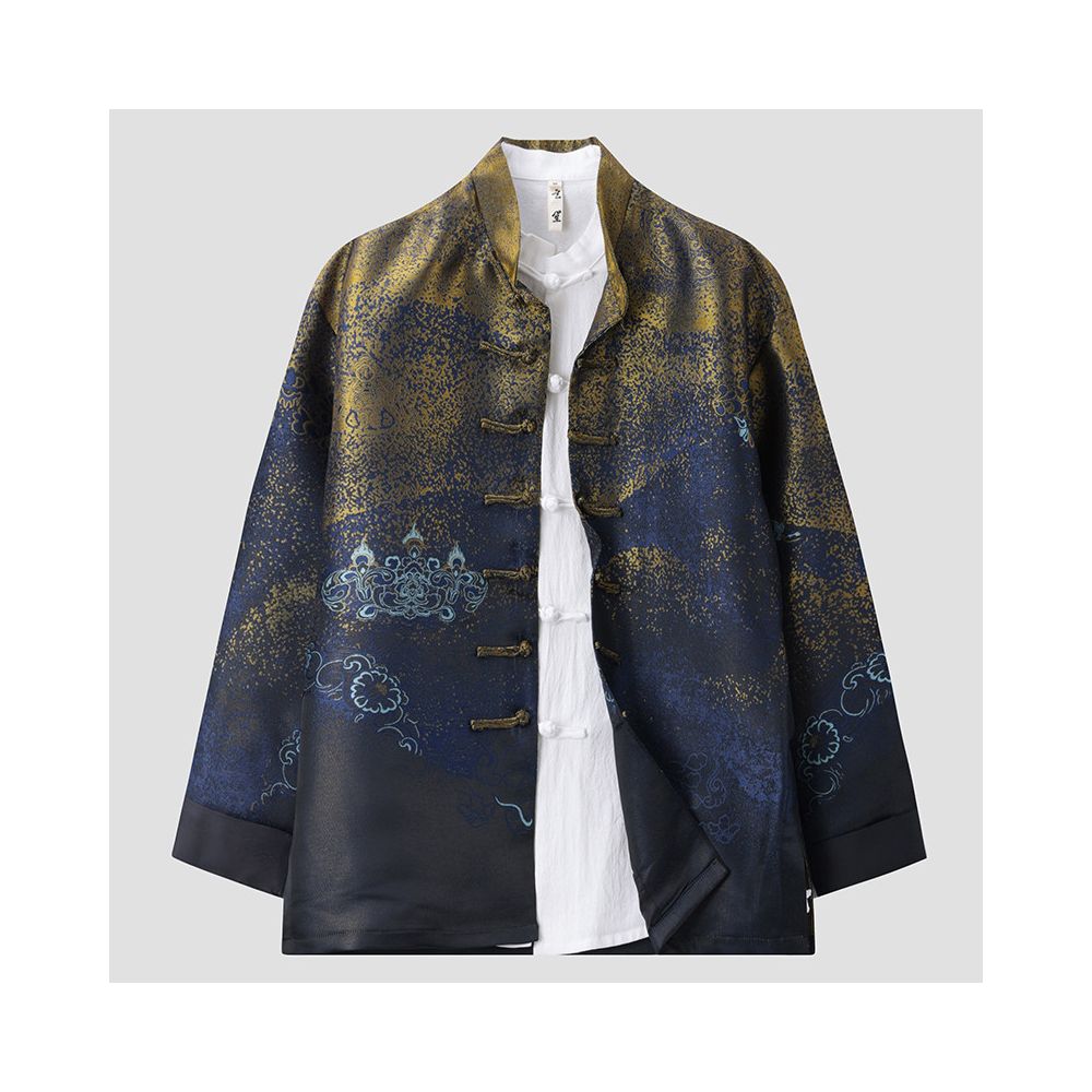 Tang style men s spring and autumn Chinese style retro modified disco collar top gilded jacquard China Chic coat image 0