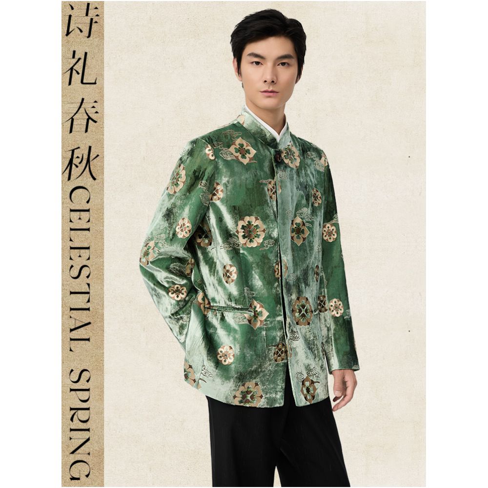 Shili Chunqiu Original Improvement New Chinese style Men s Wear Standing Collar Tang Dynasty Tuanhua Silk Velvet Hot Pot Gold National Style Coat image 0