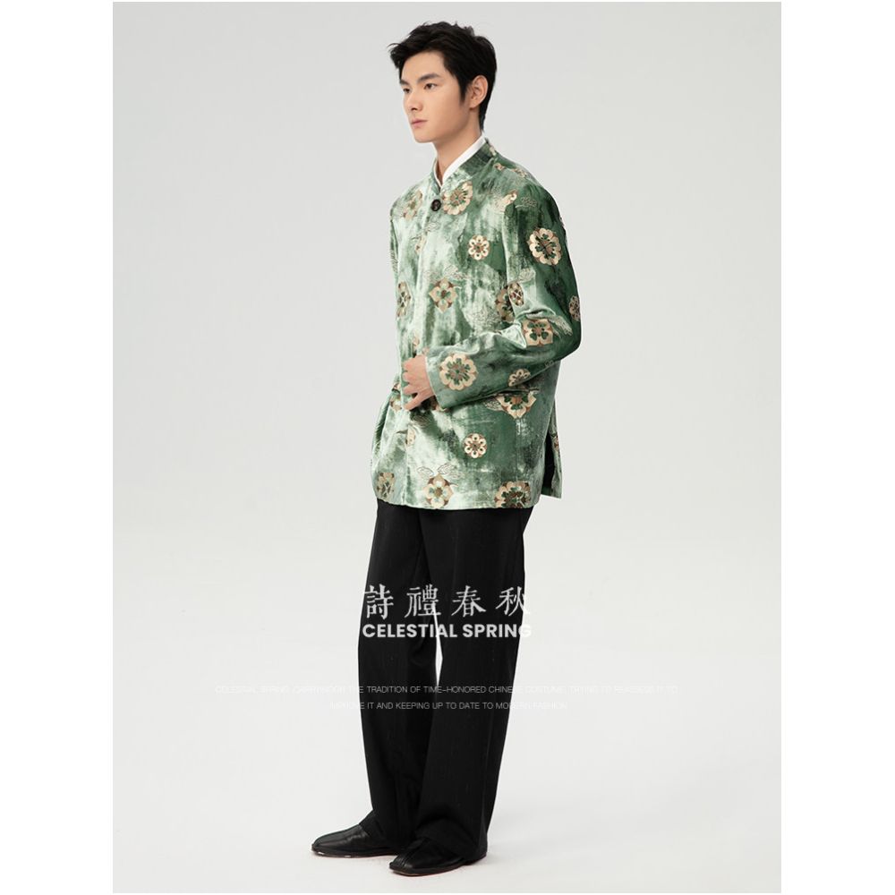 Shili Chunqiu Original Improvement New Chinese style Men s Wear Standing Collar Tang Dynasty Tuanhua Silk Velvet Hot Pot Gold National Style Coat image 1