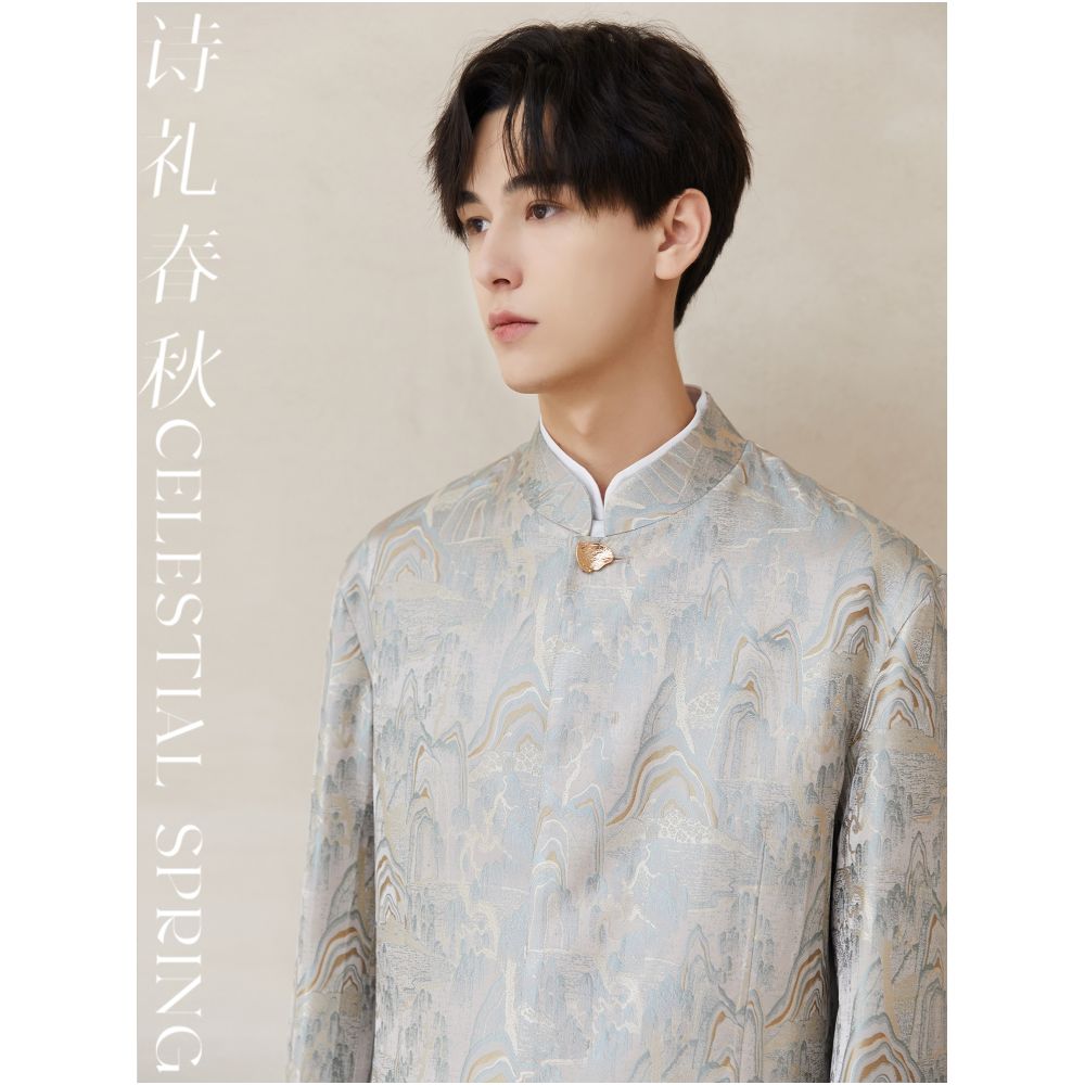 Poetry and Rites Spring and Autumn Original New Chinese style Men s Stand up Collar Tang Costume Landscape Weaving Brocade Improved Zhongshan Costume Jacquard National Style Coat image 2