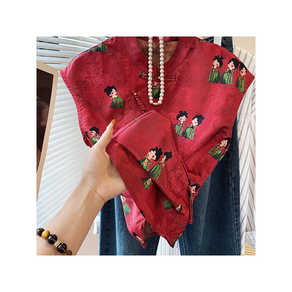 New Chinese style versatile retro stand up collar button up top for women in summer 2025 red commuting style slimming sleeveless small shirt image 1