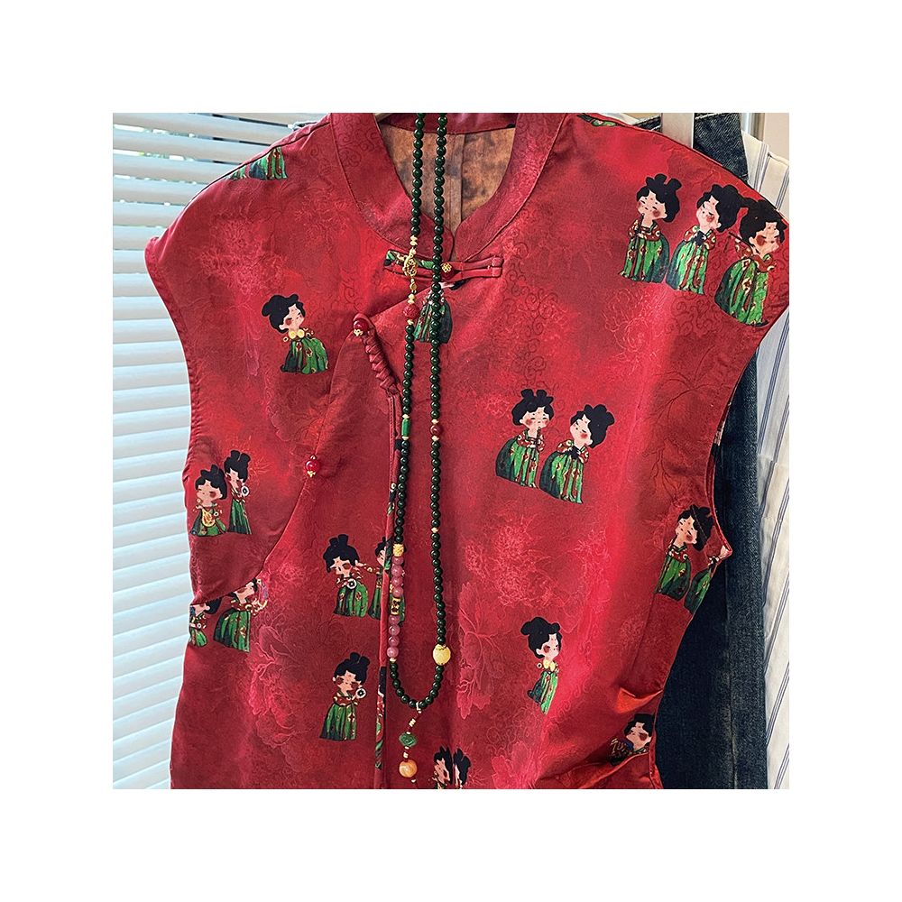 New Chinese style versatile retro stand up collar button up top for women in summer 2025 red commuting style slimming sleeveless small shirt image 4