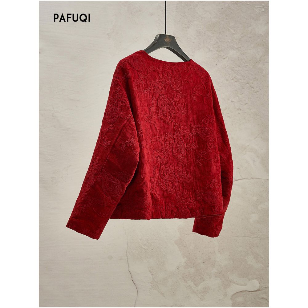 New Chinese style national style red cotton and linen embroidered buttoned New Year s coat 2025 autumn and winter new item improved Tang style top image 5