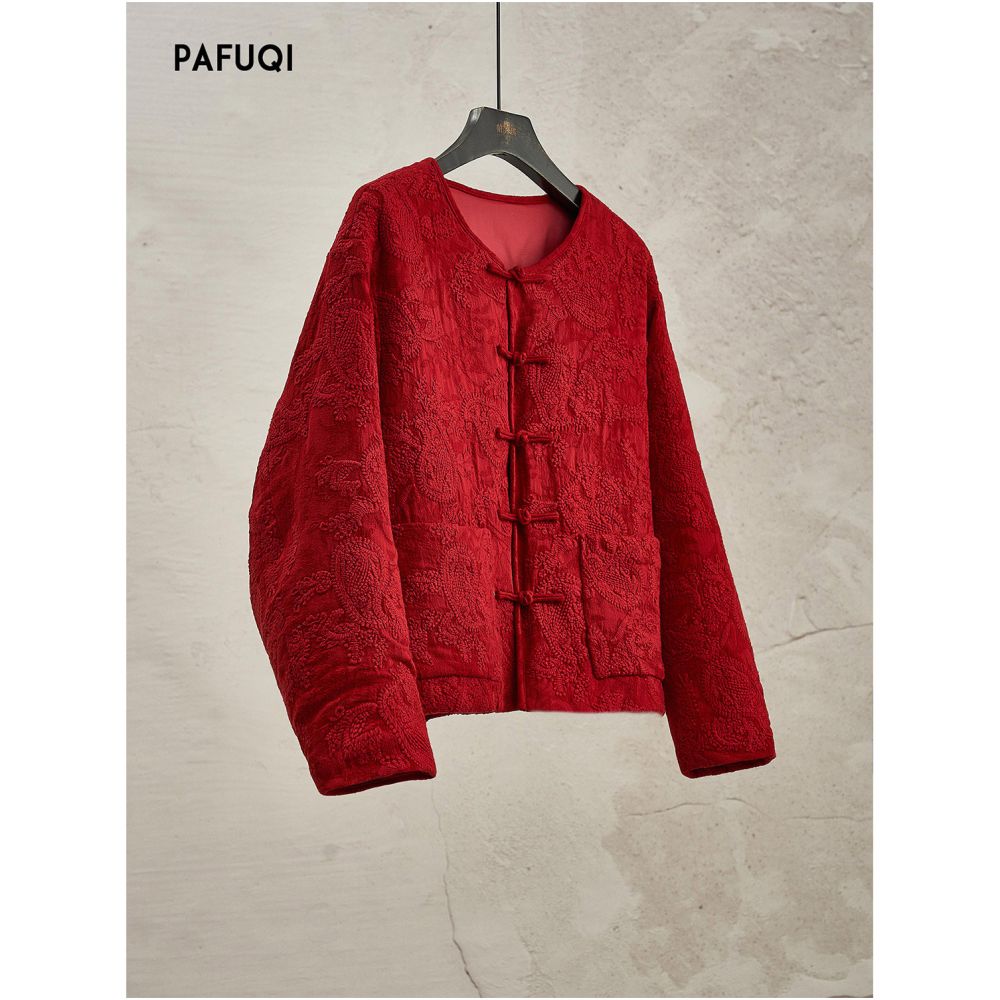 New Chinese style national style red cotton and linen embroidered buttoned New Year s coat 2025 autumn and winter new item improved Tang style top image 0