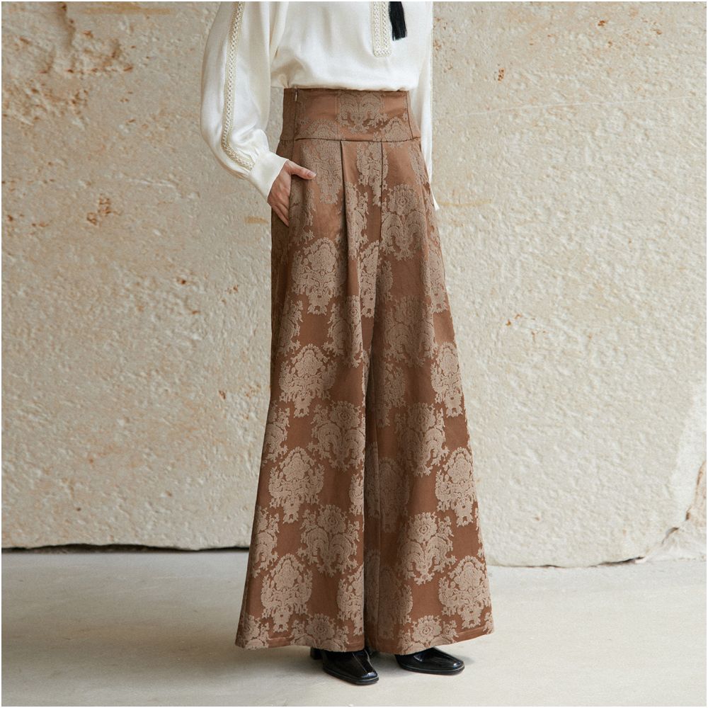 Ranzhu at any time Silk jacquard fabric New Chinese style treasure flower shaped wide leg pants casual pants image 0