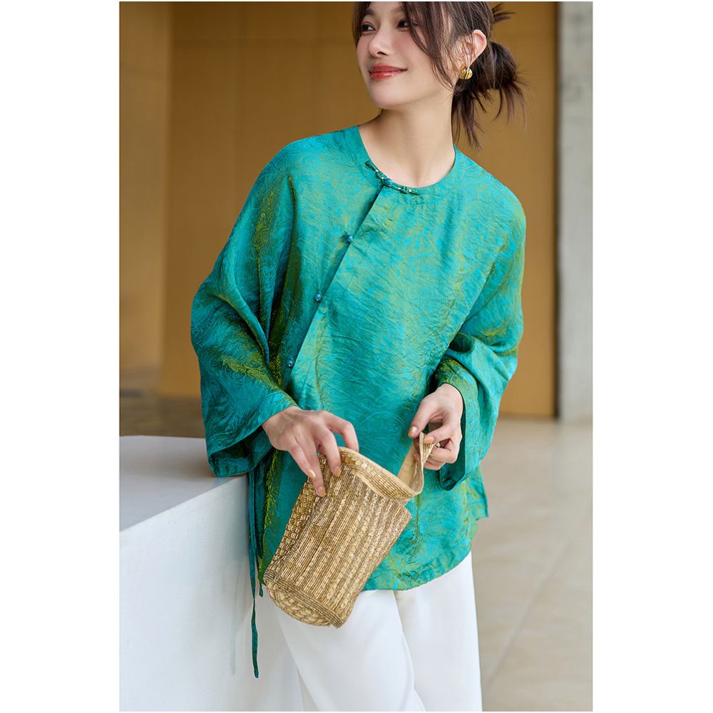 Ningxia Man Yi Jian Hua Cai Ni Chang Fu Guang Jin Craft Dark Pattern Jacquard New Chinese Round Neck Long Sleeve Top image 3