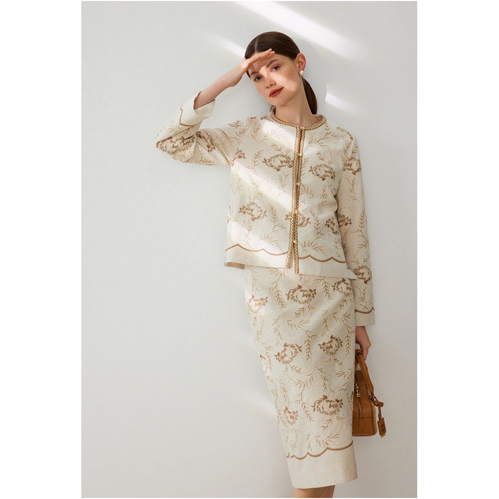 Ningxia Manyi Room Light Luxury Chinese Fairy Style Jacquard Heavy Industry Embroidery Round Neck Top Coat Half Skirt Set image 0