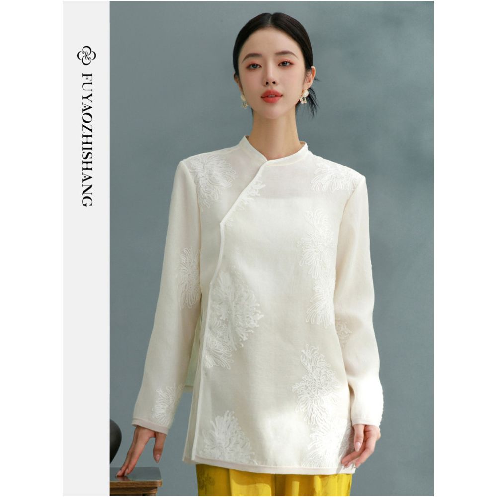 FUYAO rocking Chinese style jacquard shirt for women s autumn 2025 new retro Republic of China style standing collar long sleeved top image 2