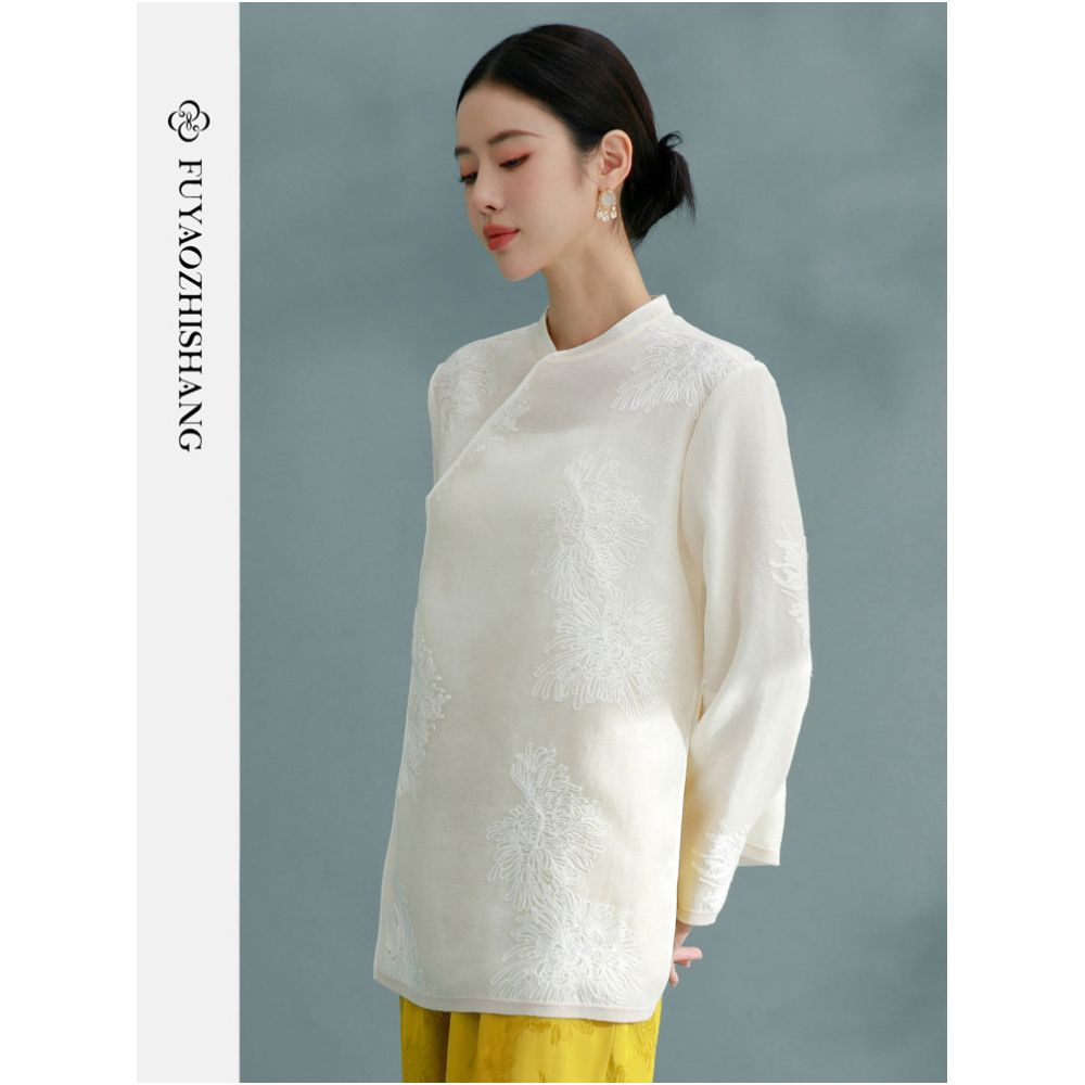 FUYAO rocking Chinese style jacquard shirt for women s autumn 2025 new retro Republic of China style standing collar long sleeved top image 3