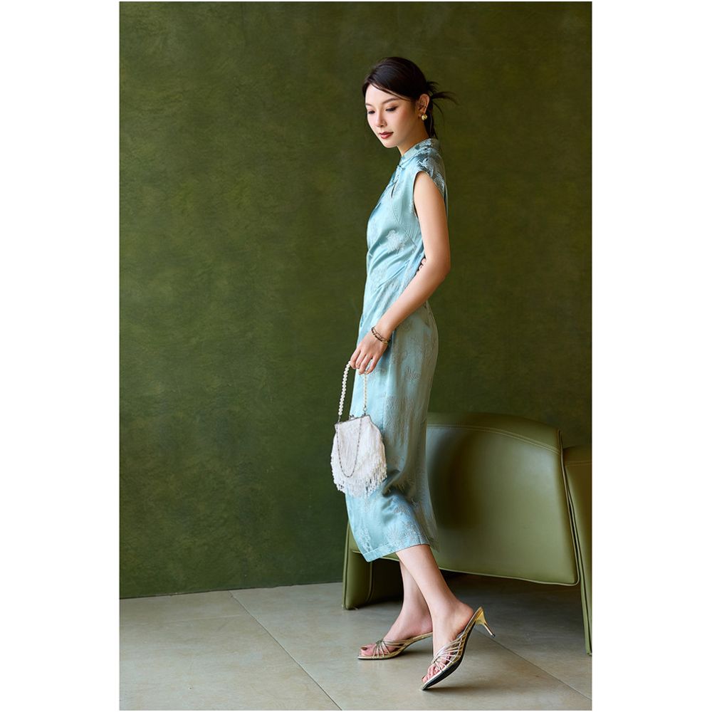 Ningxia Manyijian Oriental Charm 28mm pure silk peony jacquard new Chinese qipao waist cinching dress image 1