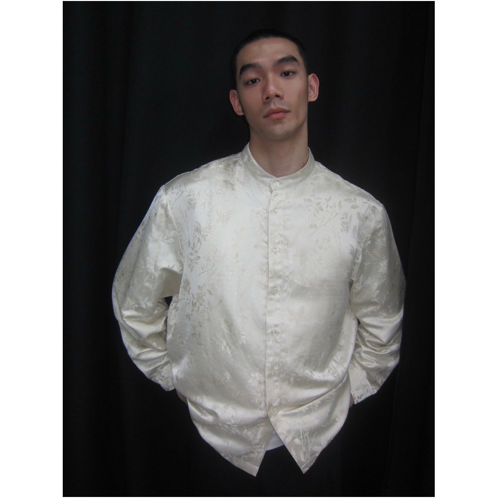 New Chinese Jacquard Long Sleeve Shirt for Autumn Winter 2025 Milk White Stand up Collar Loose Casual Chinese Style Cardigan image 0