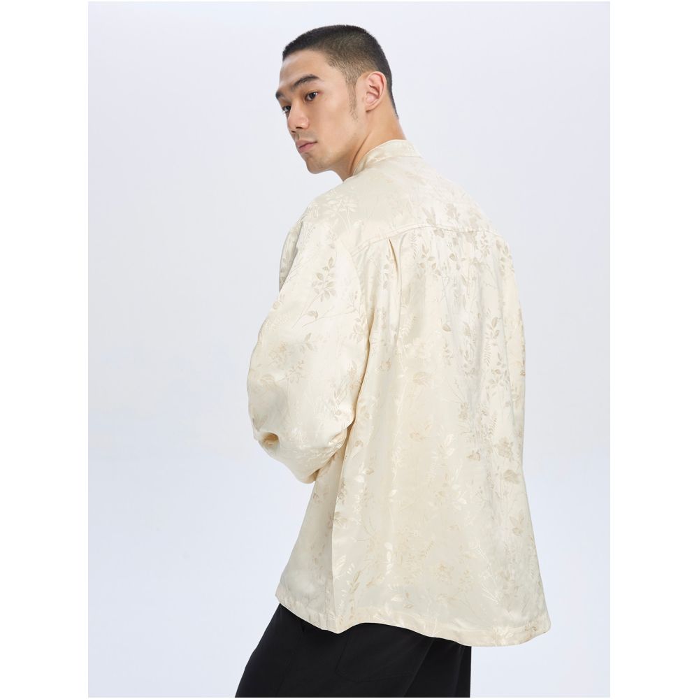 New Chinese Jacquard Long Sleeve Shirt for Autumn Winter 2025 Milk White Stand up Collar Loose Casual Chinese Style Cardigan image 2