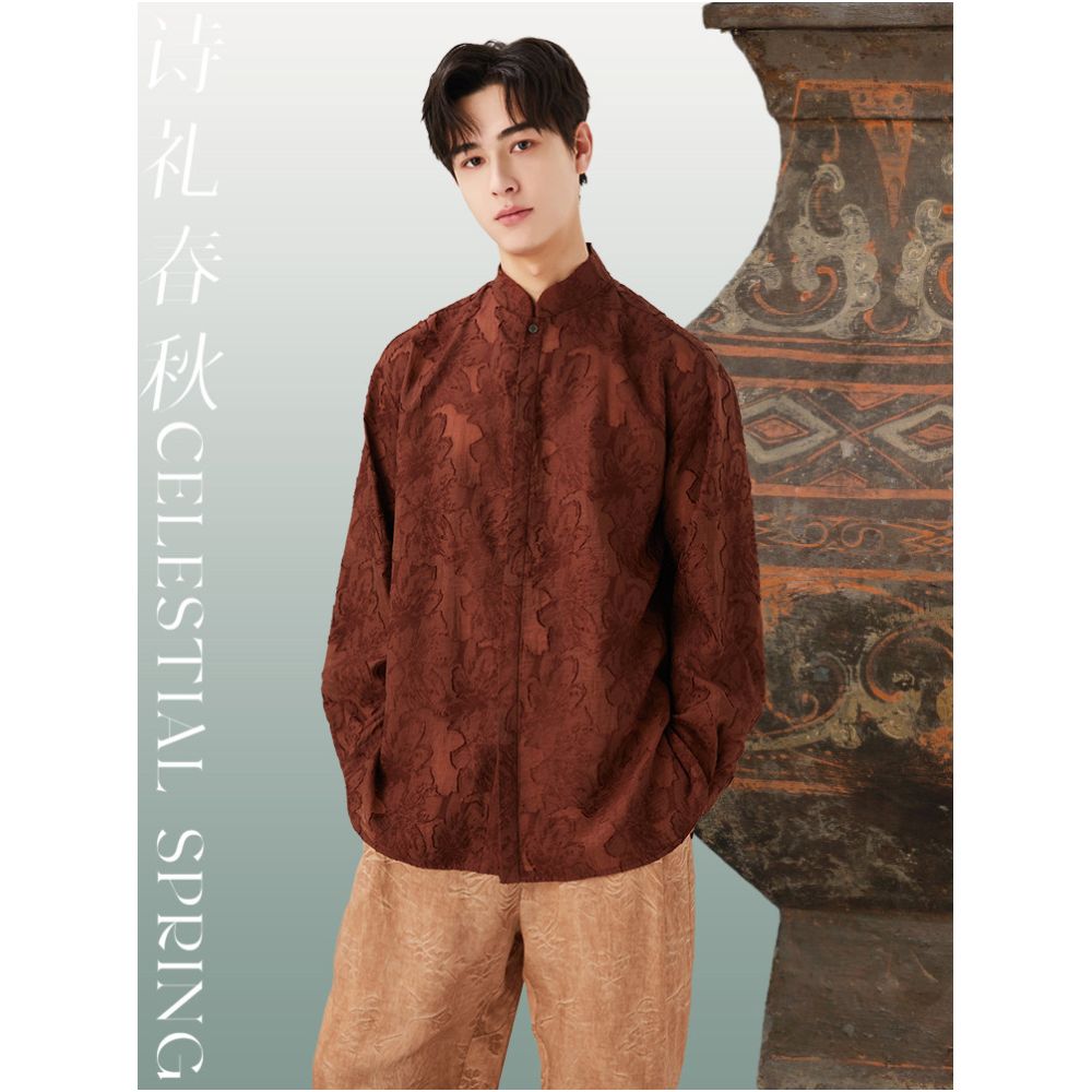 Poetry and Etiquette Spring and Autumn Original Chinese Style Men s Stand Collar Long Sleeve Shirt with Cut Pattern Artistic Chinese Style Top National Style Shirt for Men image 0