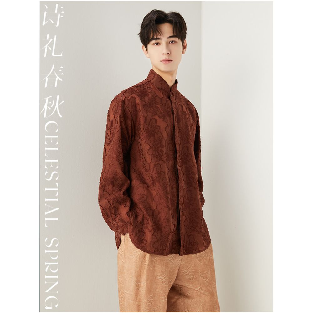 Poetry and Etiquette Spring and Autumn Original Chinese Style Men s Stand Collar Long Sleeve Shirt with Cut Pattern Artistic Chinese Style Top National Style Shirt for Men image 1