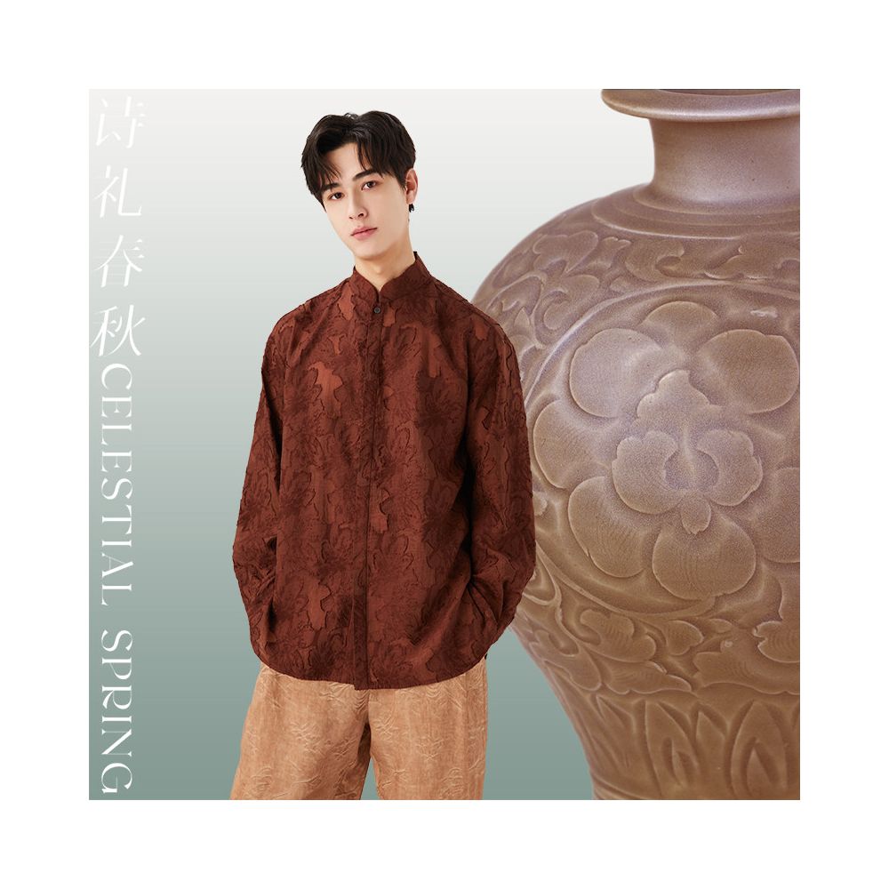 ASAYAHomme1548 – Crimson Bloom Textured Shirt 🍷🍂