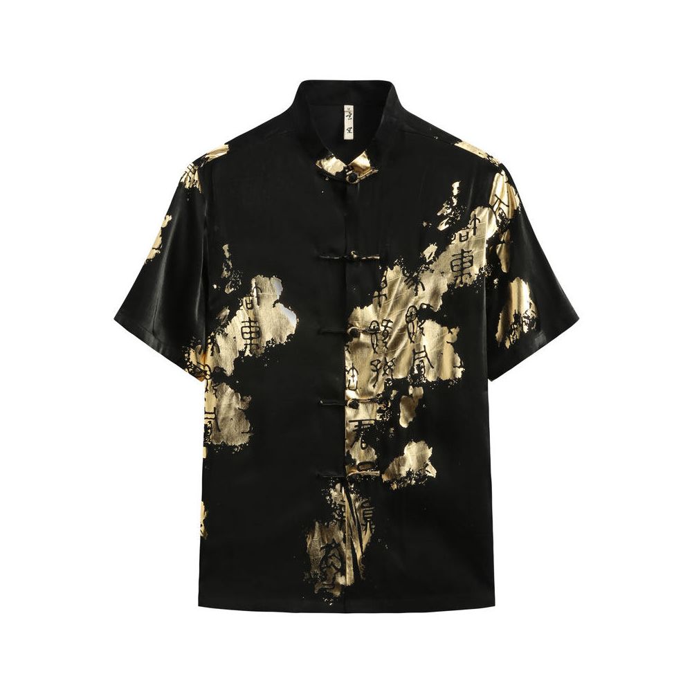 Summer short sleeved Tang suit men s Chinese style cotton stand collar top men s Chinese style China Chic gilt printing coat men image 1