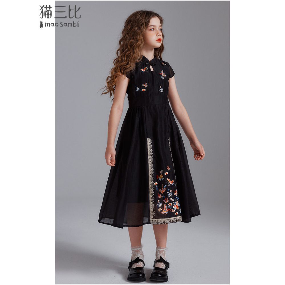 New Chinese style girls horse face skirt embroidered skirt black high end qipao children s Hanfu dress summer image 0