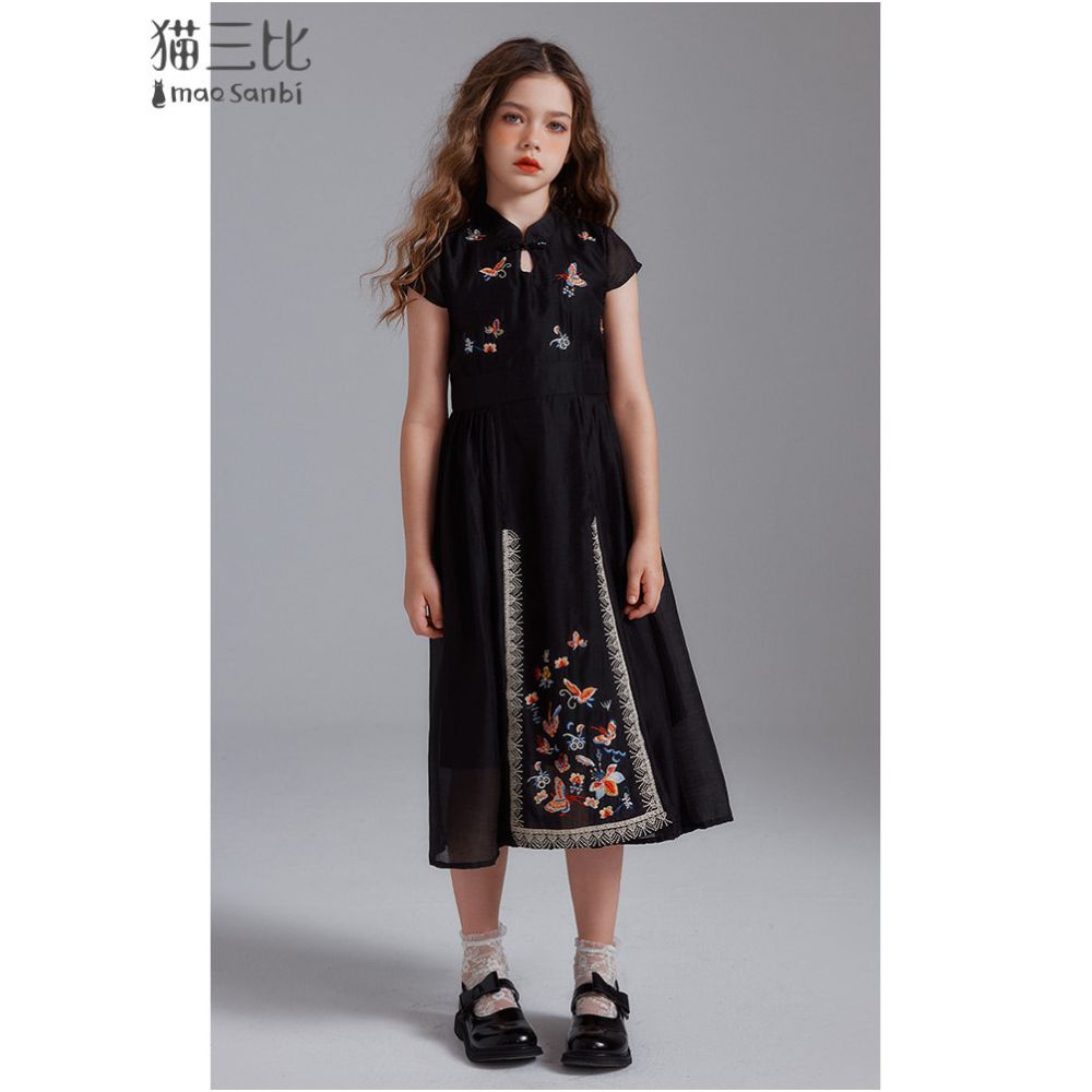 New Chinese style girls horse face skirt embroidered skirt black high end qipao children s Hanfu dress summer image 1