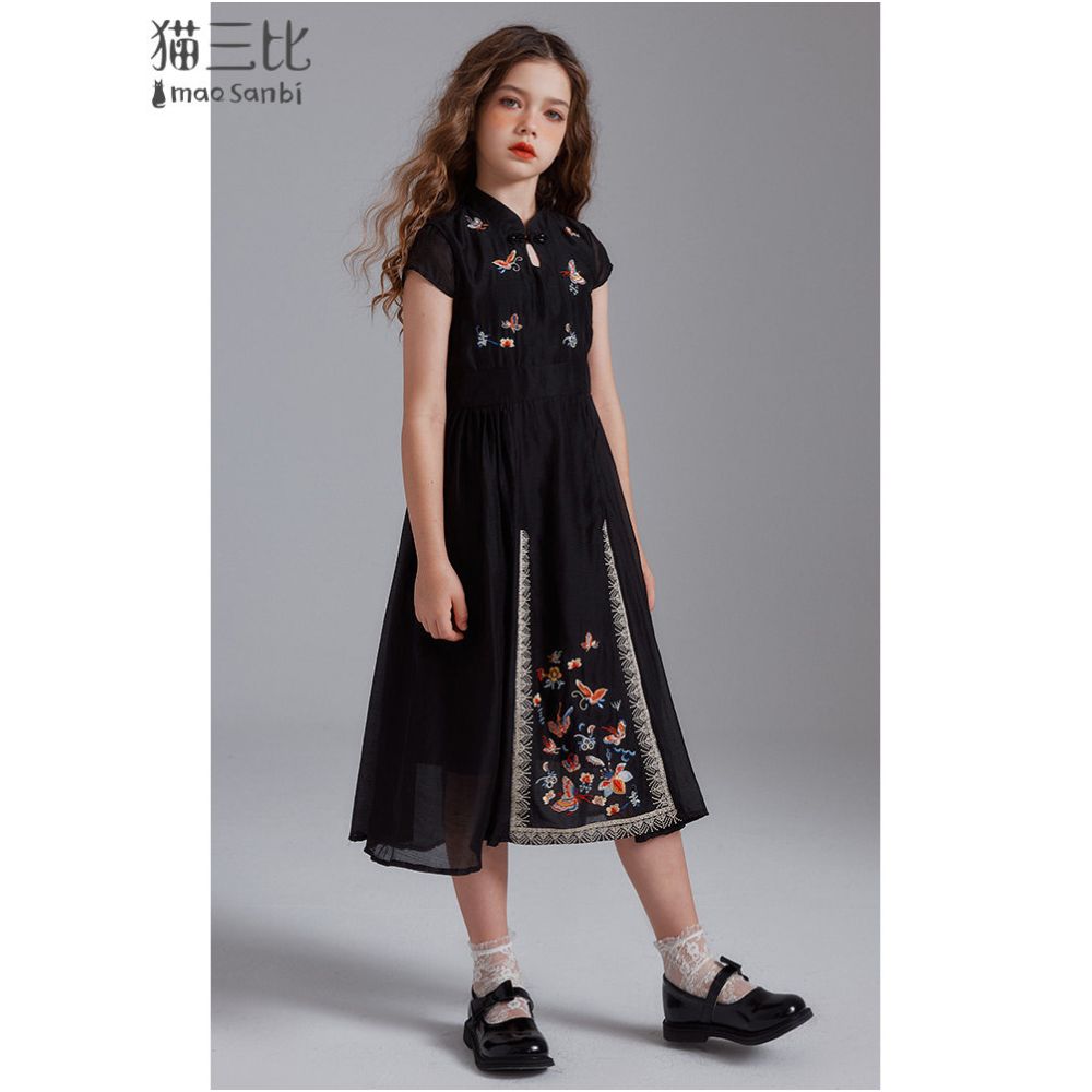 New Chinese style girls horse face skirt embroidered skirt black high end qipao children s Hanfu dress summer image 3