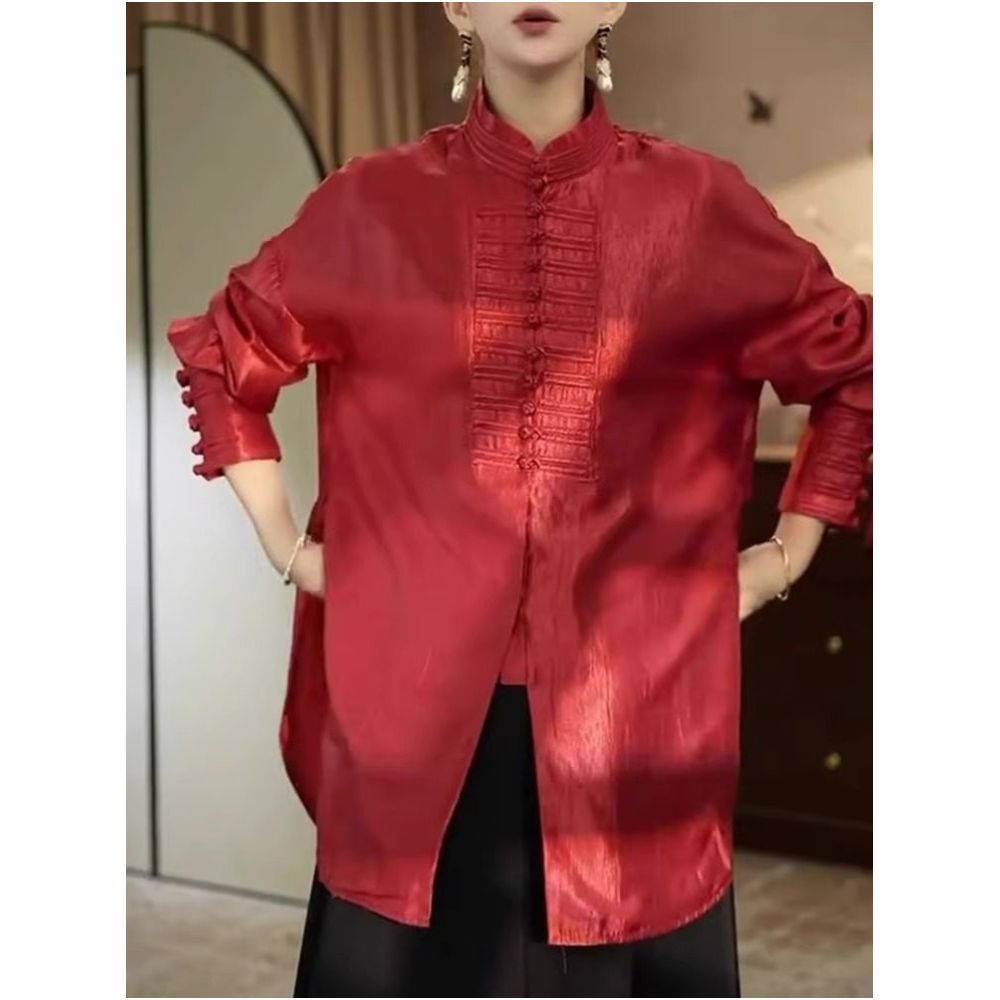 Tang style Improved New Chinese Red Long sleeved Shirt 2025 Spring Edition Design Sense Stand up Collar Pan Button Casual Top image 0