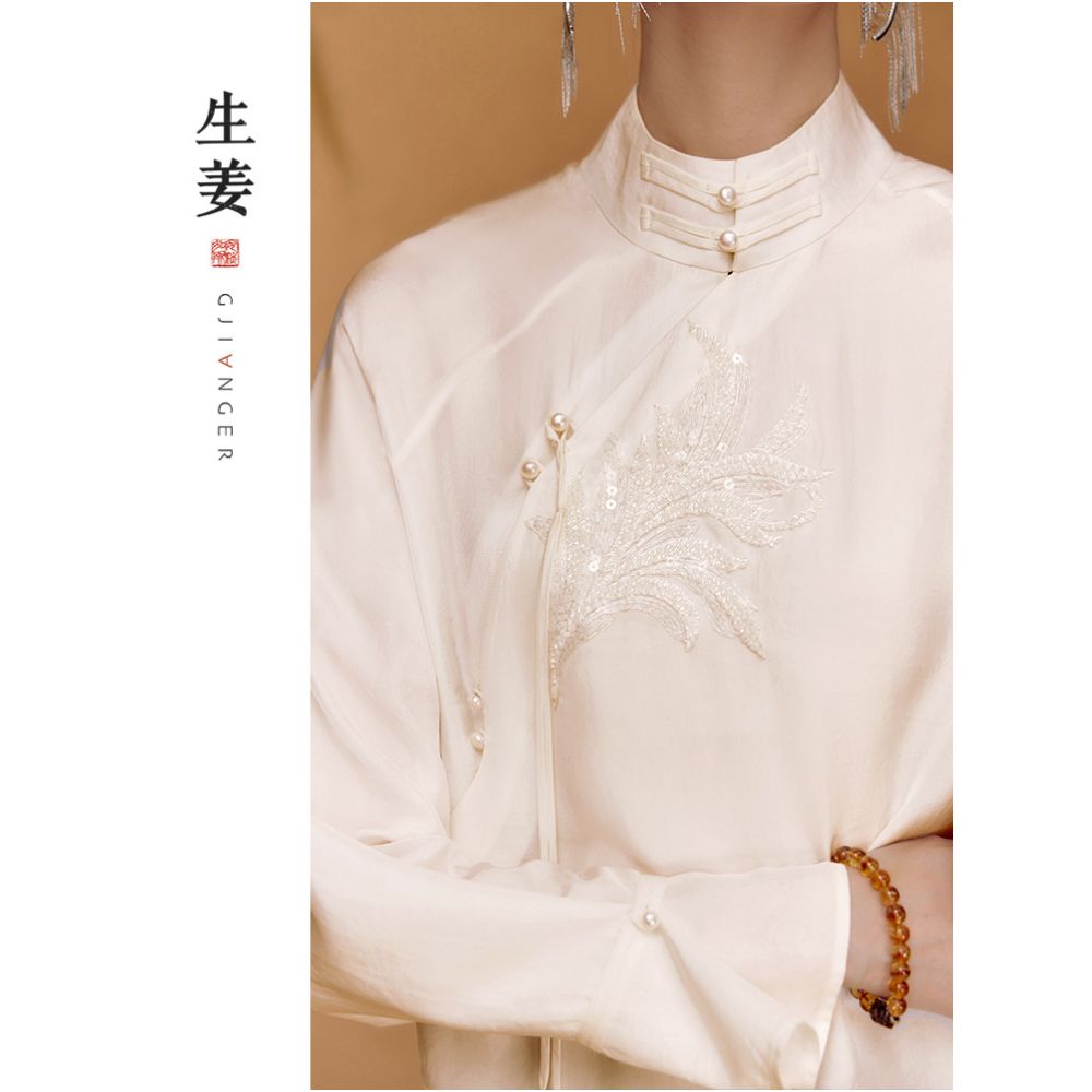 Ginger Feather Yixin Chinese Light National Style Top Women s Spring and Autumn New Pearl Embroidered Shirt 31430116A image 1