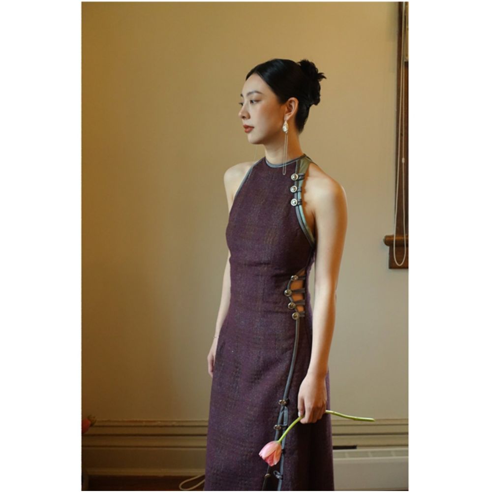 Purple Improved Cheongsam Women s New Chinese Style Dress Retro Chinese Style Women s Engagement Dress Sleeveless Hanging Neck Dress image 2