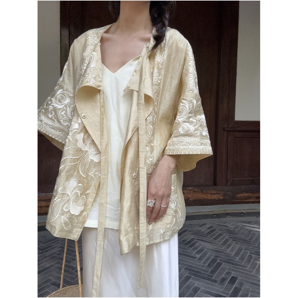 BLUE Y Chinese style new high end linen handmade heavy embroidery top women s loose goose yellow image 4