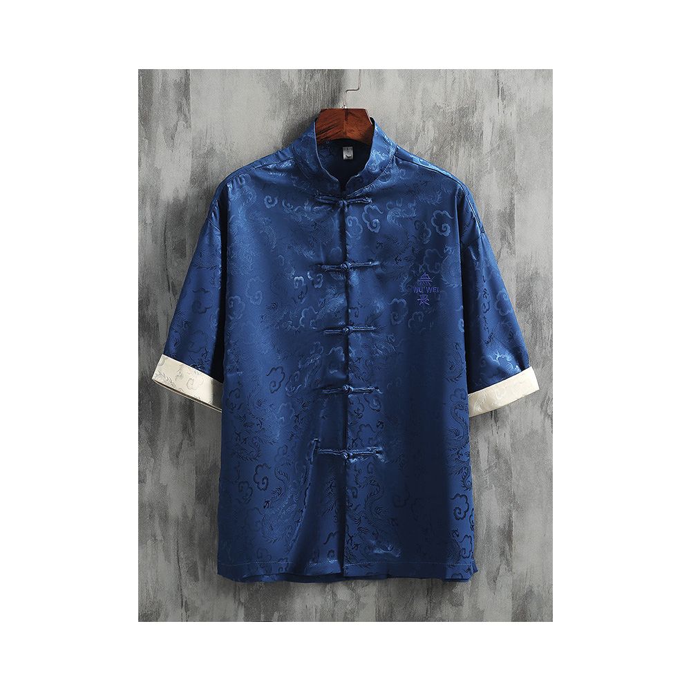 New Chinese style clothing Chinese style men s clothing ice silk and satin Tang style short sleeved shirt summer buttoned dragon patterned shirt image 1