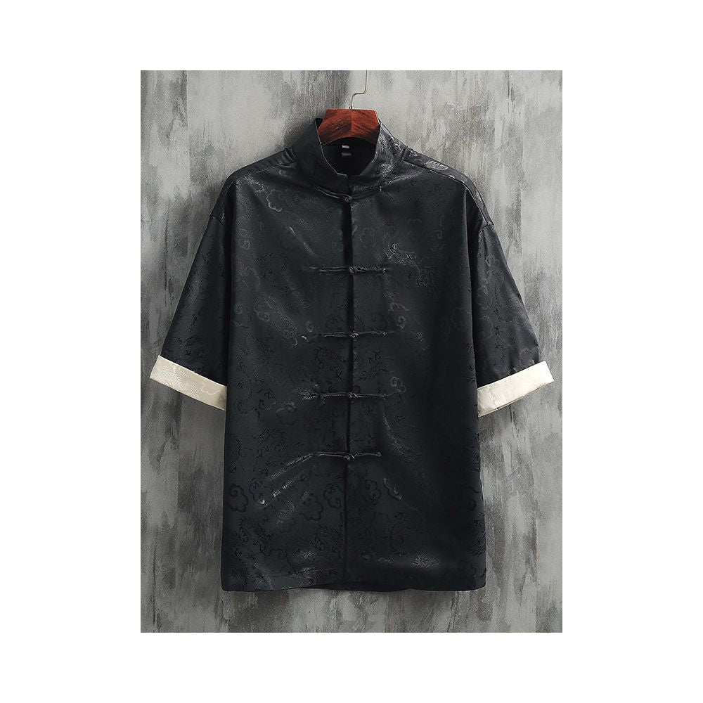 New Chinese style clothing Chinese style men s clothing ice silk and satin Tang style short sleeved shirt summer buttoned dragon patterned shirt image 2