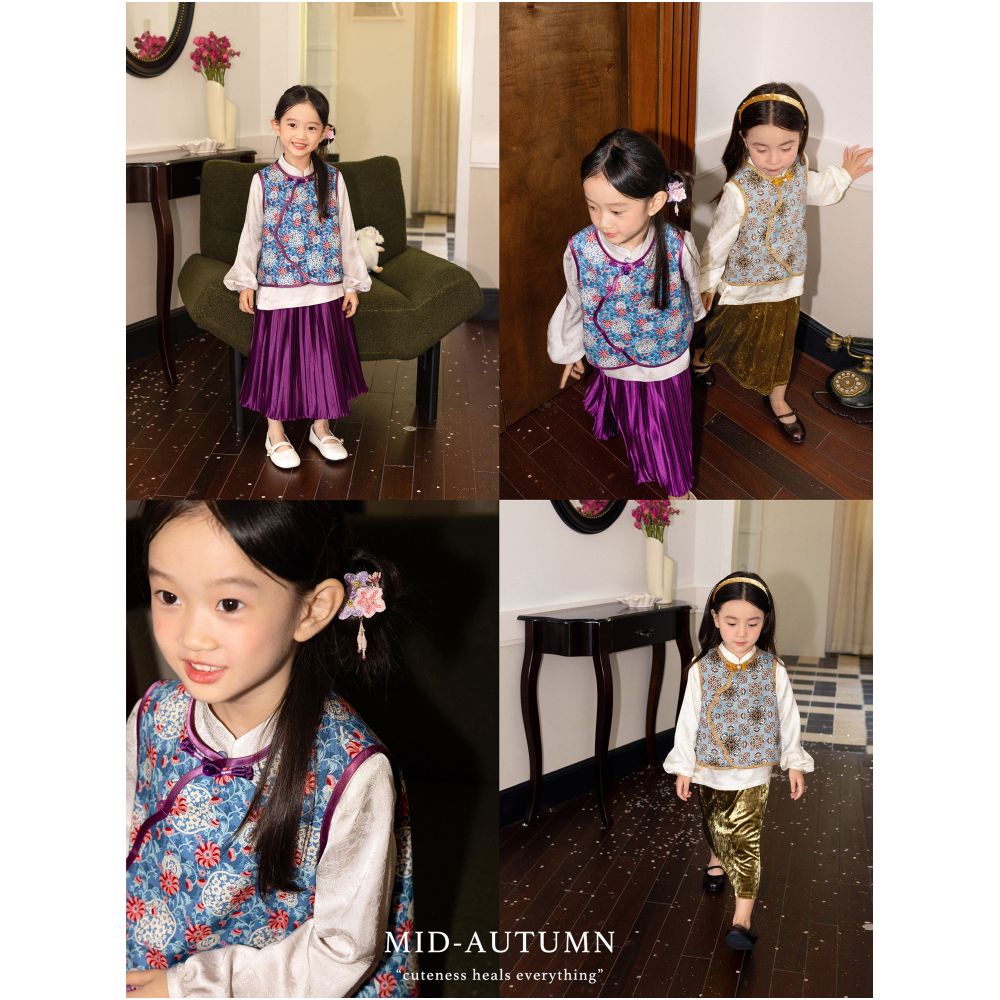 Add Q Original Jin Ling Yu Man New Chinese Flower Vest Velvet Pants Half Skirt Satin Fold Skirt for Girls image 0