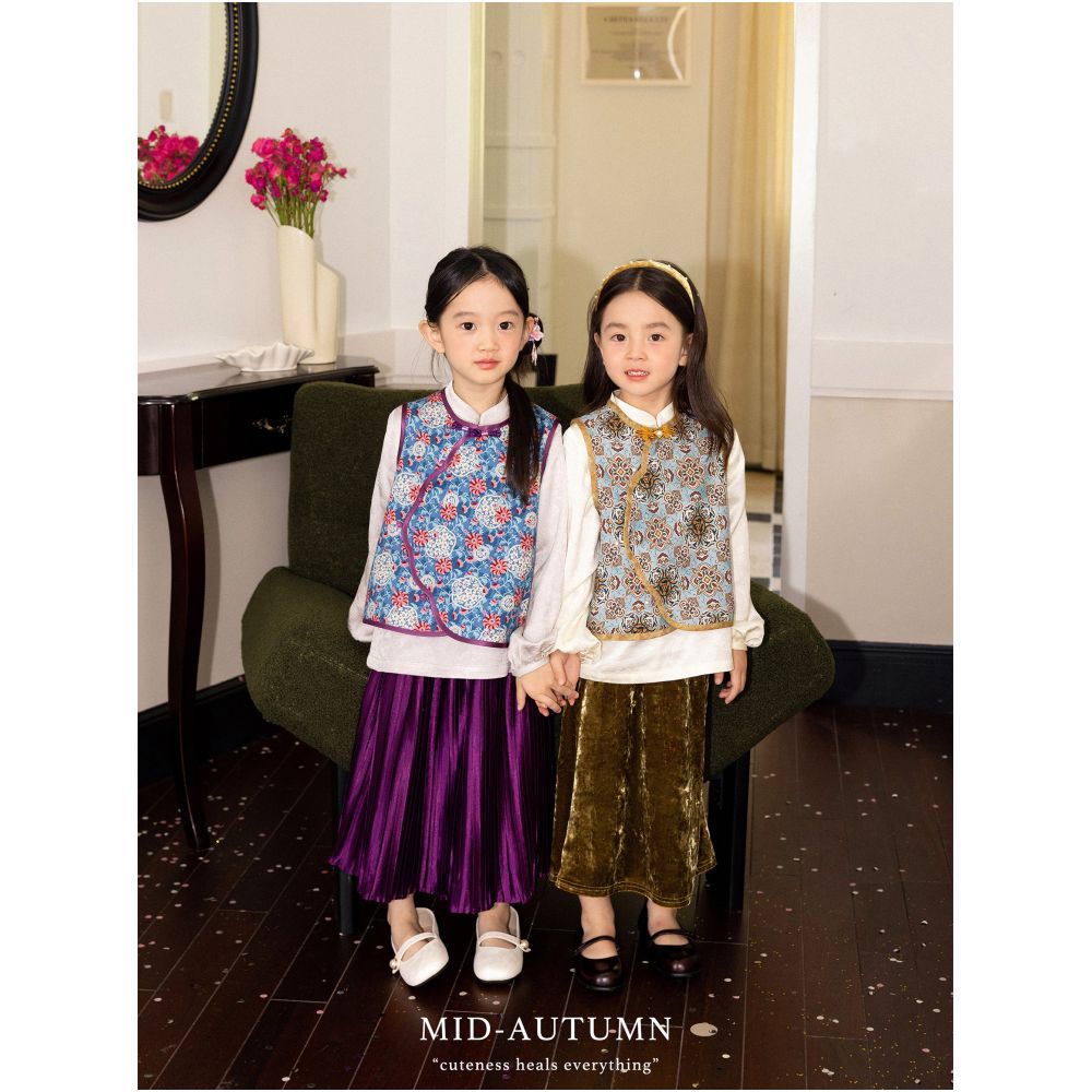 Add Q Original Jin Ling Yu Man New Chinese Flower Vest Velvet Pants Half Skirt Satin Fold Skirt for Girls image 2