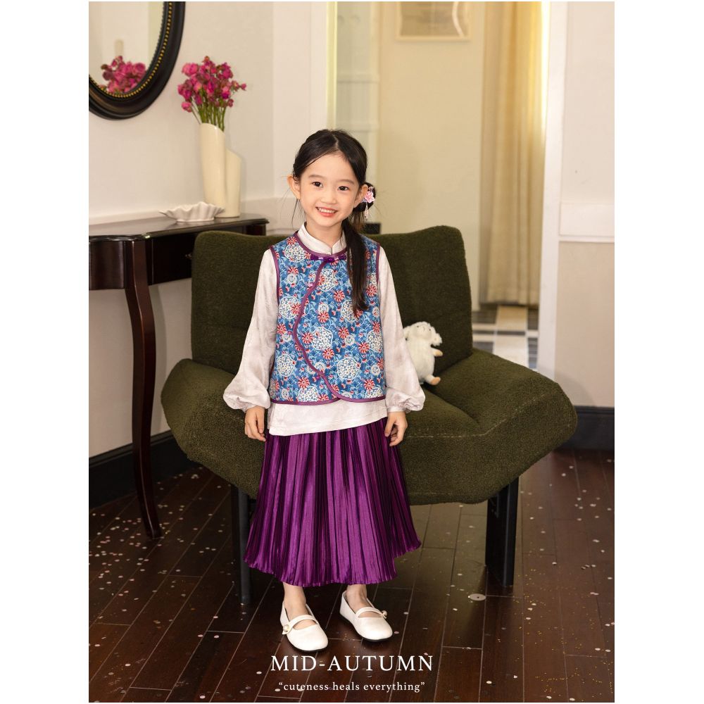 Add Q Original Jin Ling Yu Man New Chinese Flower Vest Velvet Pants Half Skirt Satin Fold Skirt for Girls image 4