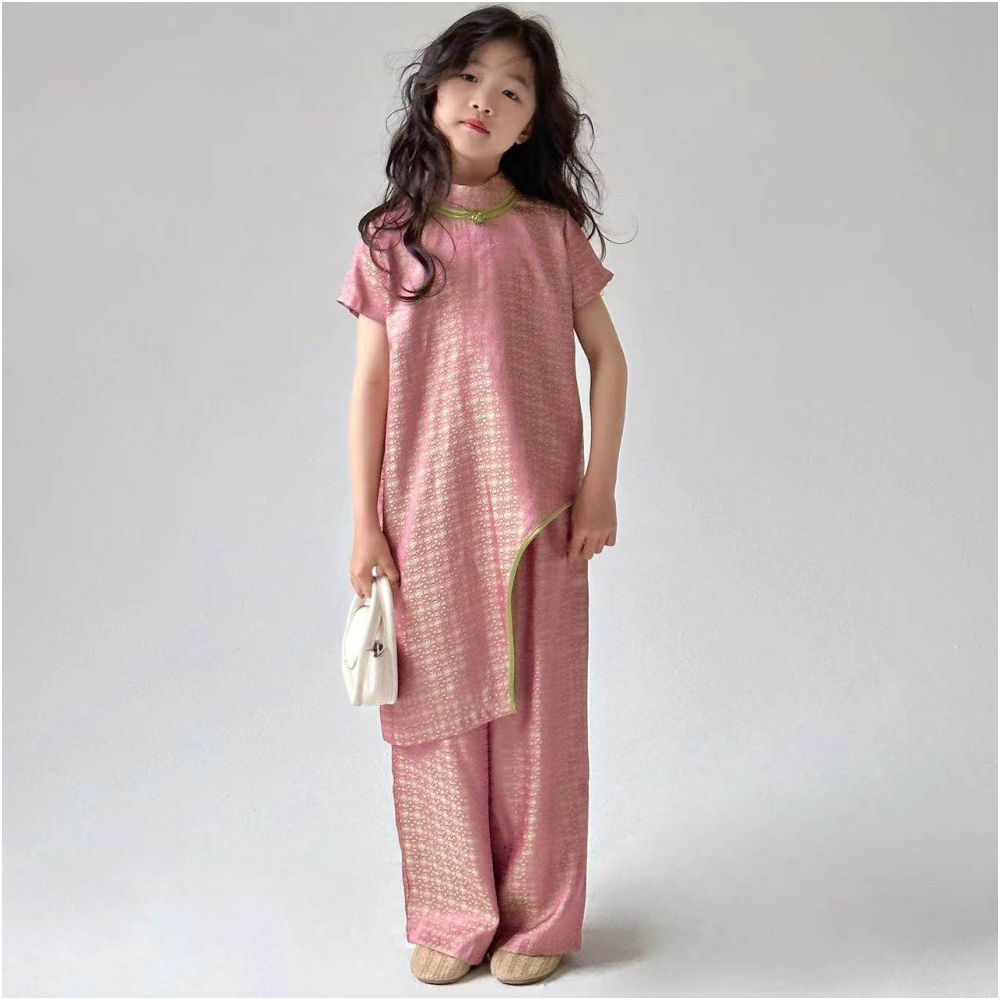 Internet celebrity explosion street Chinese style suit women s clothing 2025 new style new Chinese pink short sleeved shirt wide leg pants parent child outfit image 0