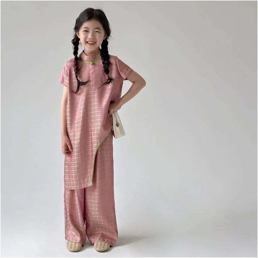 Internet celebrity explosion street Chinese style suit women s clothing 2025 new style new Chinese pink short sleeved shirt wide leg pants parent child outfit image 1